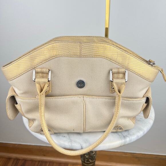 Cole Haan Buckle Canvas Tan and Gold Lizard Skin Embossed Leather Shoulder Bag - Picture 7 of 16